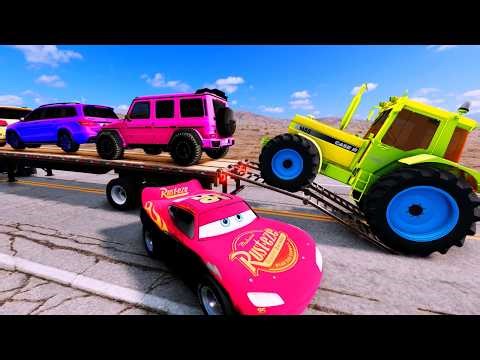 ⚡️Four Trucks 🚗Transporting cars with Flatbed Trailers|Cars vs Speedbump vs Train vs Pothole #00