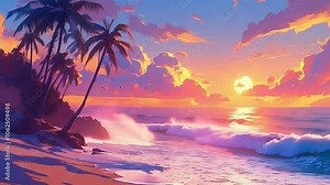 Vibrant Seamless Looping Tropical Beach Sunset Animation