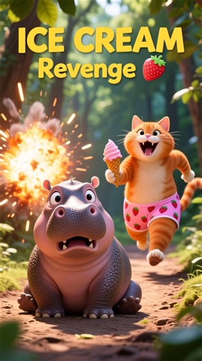 Ice Cream Thief 😱 Baby Hippo vs Chubby Cat | Funny Animal Short 🐱🦛