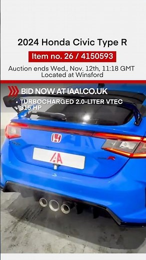 Anyone in the UK looking for a TYPE R? Go bid now at iaai.co.uk! Auction ends Wed 12/11 11:18 #iaai