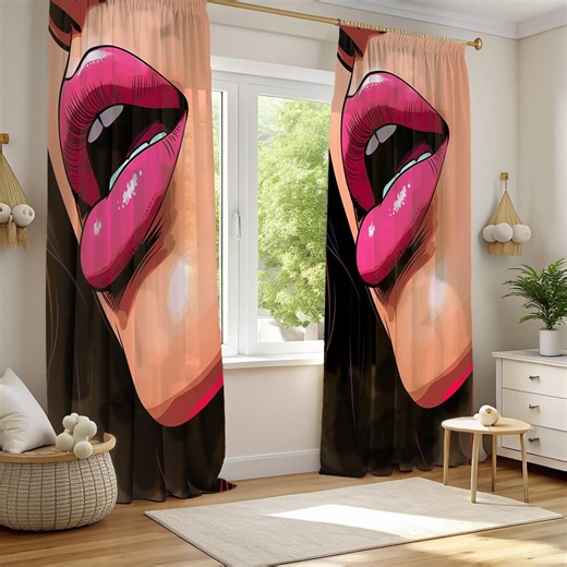 Pop Art Lips Window Curtains, Modern Pink Glossy Mouth Drapes, Comic Style Beauty Room Decor, Vibrant Feminine Aesthetic Drapes - Etsy