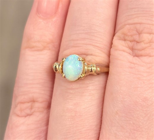 Vintage 10K Gold Opal Ring, White & Blue Solitaire, Size 6.5 - Etsy