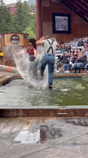 @Thomas Lancaster tried pulling out an old move of the pros, the double water wammy kick. Absolutely nuts. #logrolling #timbersports #ballbusters #alaska #cotteneyejoe #sthil #lumberjack #hardhat #greatalaskanlumberjackshow #ketchikan