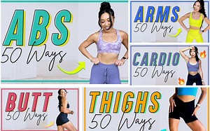 【blogilates】50个腹肌锻炼+50个手臂锻炼+50个臀部锻炼+50个腿部锻炼+50个有氧燃脂锻炼，居家无器械练腹，适合所有级别！