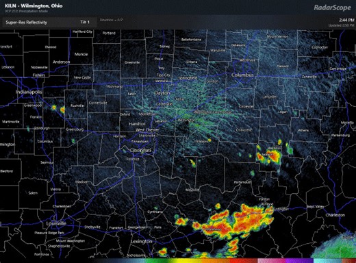 [3:04 PM] Radar update: A few strong to severe thunderstorms remain possible through early evening, with the highest chances across southeastern Indiana, southern Ohio, and northern Kentucky. Damaging wind gusts and locally heavy rainfall are the primary threats with these storms. | US National Weather Service Wilmington OH