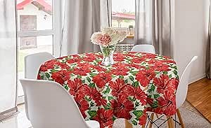 Ambesonne Hawaii Round Tablecloth, Botanic Inspirations Floral Bouquet Hand Drawn Red Hibiscuses Retro Theme, Circle Table Cloth Cover for Dining Room Kitchen Decoration, 60", Beige Fern Green Red