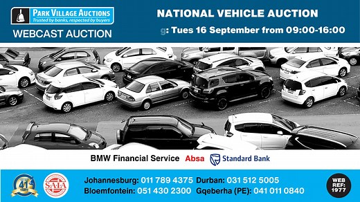 🔥🚗 Park Village Auctions brings you the National Vehicle Webcast Auction on 17 September 2025. Bidding starts online at 10am — with vehicles going under the hammer from Johannesburg, Durban, Bloemfontein & Gqeberha. Don’t miss it! 👉 https://bit.ly/4npeQy2 #ParkVillageAuctions #VehicleAuction #BidOnline #AuctionDay | Park Village Auctions