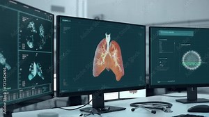 Molecular Scan Interface Used To Check Lungs Of Patient For Cancer Disease. Molecular Analysis Interface Detects Abnormal Cancer Disease Cells In Lungs. Molecular Scanner Interface. Disease Diagnosis