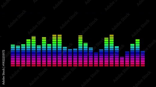 Equalizer background, audio spectrum analyzer visualizer on a black background suitable for music production software interfaces, dj equipment, and sound engineering presentations.