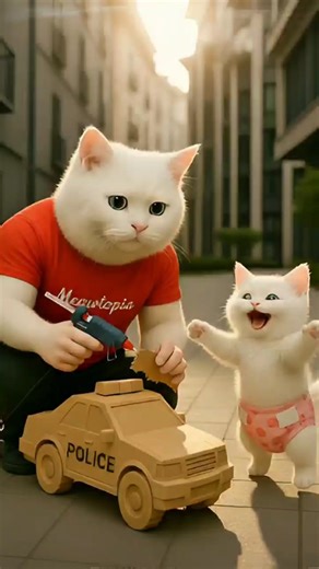 Kitten gets teased for playing with a cardboard police car — Cat Dad builds a super police car
