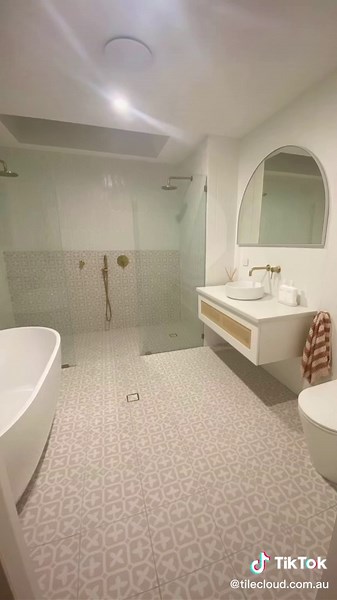 😍😍😍 TileCloud Palm Beach Pink Encaustic look tile and Fitzroy Matt White Feather tile looking AMAZING! Tapware from @yabby.com.au #tilecloud #pov #trending #tiletok #tiling #sydney #bathroominspo #bathroomremodel #designtok #fyp #foryou
