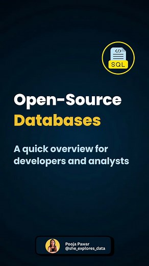 Dr. Pooja | Python | SQL | Power BI | Excel on Instagram: "Choosing the right database is one of the most important decisions in any data-driven system. Every open-source database brings its own strengths, performance benefits, and use cases. This post highlights some of the most trusted options used by engineers, analysts, and architects across modern applications. From relational engines to NoSQL, time-series platforms, graph databases, and distributed systems, each technology solves a differe