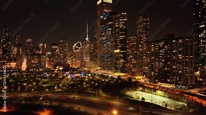 Downtown Chicago at night time view of the skyline