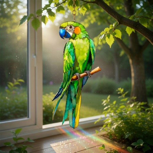 Green Parrot Suncatcher, Stained Glass Acrylic Window Hanging, Tropical Bird Decor, Parrot Lover Gift, Rainbow Maker Window Art - Etsy