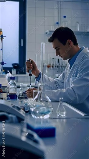 scientist in laboratory pipetting sample into flask, focused at bench with glassware and reagents, natural window light on tiled walls, sterile environment, methodical measurement using