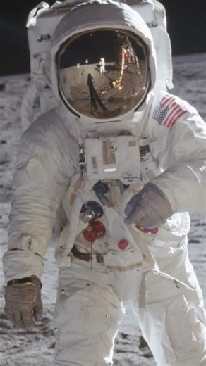 O astronauta Edwin Aldrin caminha na superfície lunar perto da perna do Módulo Lunar