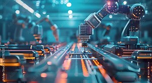 Robotic arm installing a processor on a production line. The concept of automation and robotics.