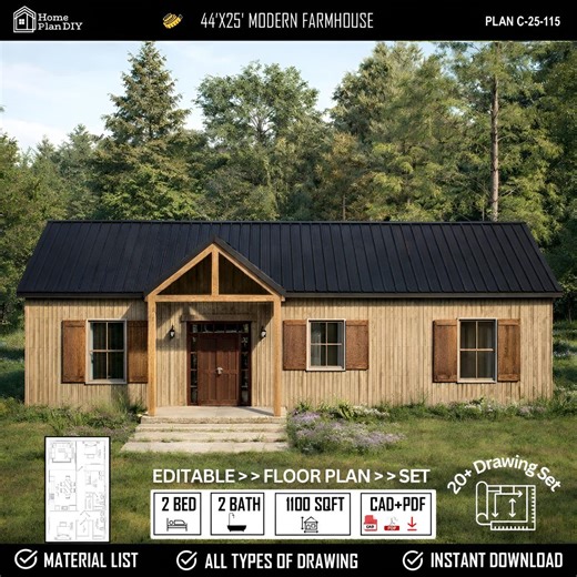 44x25 Modern Farmhouse Ranch House Plan, Full Architectural Plans ( PDF & CAD) - Etsy