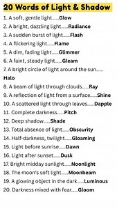20 Words of Light & Shadow From the gentle glow of dawn to the mysterious gloom of night — words that paint light and shadow 🌙✨ Enhance your vocabulary with poetic brilliance! #LightAndShadow #PoeticWords #EnglishVocabulary #LearnWithImages #WordArt #AestheticLearning | EduSphere Academy