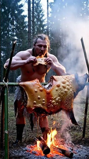 Primitive European Tribal Man Roasts an Enormous Wild Boar | Giant ASMR Cooking