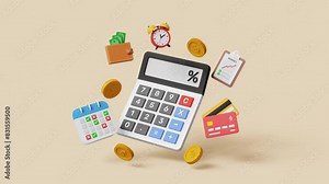 Budget planning. Personal finance to allocate expense or payment, income and saving, accounting concept. 3D calculator with budget planning items. 4k 3d loop animation