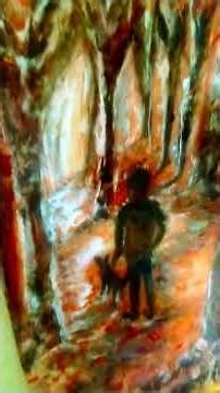 Oil painting man &his Dog Walk Autumn Forest,