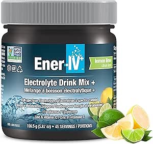 Ener-IV Electrolyte Hydration & Energy Drink Mix Potassium Zinc & Vitamin C Electrolytes Powder - Muscle Recovery & Immunity Sports Drinks for Women & Men, Low Sugar Non-GMO - Lemon Lime - 45 Servings