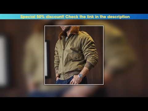 Discount Maden Vintage B10 Bomber Jacket Zippered Cotton Flight Coat with Fur Collar Lapel Pockets•