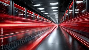 Data Center Velocity: A cutting-edge data center showcases the rapid flow of information, with a perspective emphasizing its technological infrastructure and high-speed data transfer.