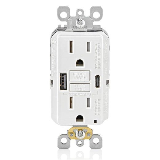Check The Home Depot's Q&A Before Buying: Leviton 15 Amp SmartlockPro Self-Test GFCI Combination 24-Watt (4.8 Amp) Type A/C USB In-Wall Charger Duplex Outlet, White