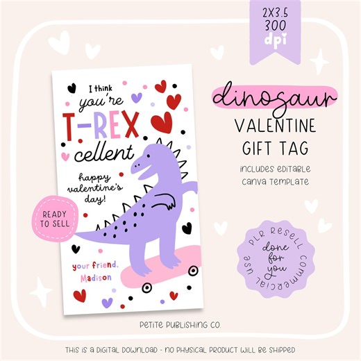 Dinosaur Valentine Gift Tag, PLR Canva Template, Editable Loot Bag Topper, Customizable Candy Label - Etsy