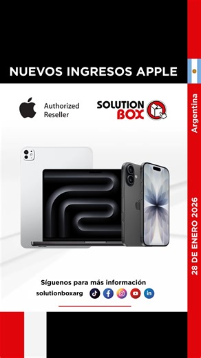 SOLUTION BOX SRL on Instagram: "¡Lo último de Apple ya está en Solution Box! 🍏 Arrancamos este 2026 con ingresos increíbles para potenciar tu negocio. De la mano de nuestra PM, Gabriela Correa, te presentamos las novedades que están reventando nuestro galpón: 🔹 iPad Pro M5 (modelos de 11” y 13”) 🔹 MacBook Pro M5 (14” y 16”) 🔹 MacBook Pro M4 🔹 iPhone y la línea completa de accesorios: teclados, mouse y más. Todo lo que necesitas para equiparte con la tecnología más avanzada del mercado. 👉 ¡