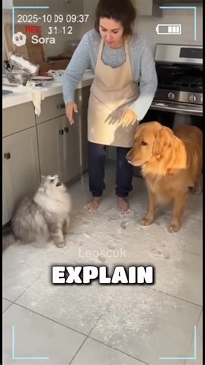 9.4K views · 168 reactions | Cat Snitches on Dog After Kitchen Flour Disaster A furious woman discovers flour everywhere and her cat won’t stop meowing, blaming the dog for the mess! #cat #sora2 #ai #cats | Pets Things | Facebook