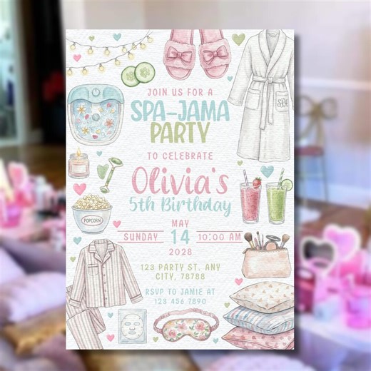 Spa-jama Party Birthday Invitation | Spa Sleepover Printable | Girls Spa Night Invite | Editable Canva Template | 5th Birthday Pajama Party - Etsy