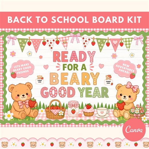Back to School Bulletin Board Kit Bear Theme Classroom Decor Printable August September Welcome Back Display Strawberry Decor - Etsy