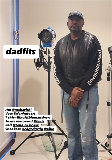 Dadfits Daily Maharishi logo hat, Denim Tears Oakland leather vest, Invisible Man long sleeve tee shirt, reworked Levi’s boot fit jeans, Tone Customs Ropb Belt and CDG Nike Air Max 95’s #dadfits #unc #personalstyle #leather #studio