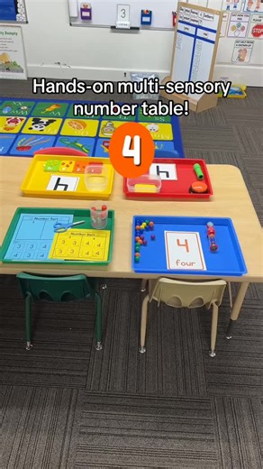 Preschool Vibes on Instagram: "This is my hands-on, multisensory number table 🔢 In January, I explicitly teach numbers 1–10 and do a large-group lesson for each number. After that, I set up this number table for extra exposure. All of my centers are free choice, including this one—students can come and go, and choose one tray or try them all. I teach two numbers a week, so about every two days I swap the trays to match the new number we just learned."