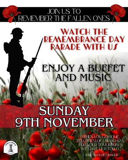 Remembrance Sunday at The Castle Join us as we honour those who served. Watch the parade with us, enjoy our buffet, and take a step back in time with wartime music throughout the afternoon. ❤️🎖️ | The Castle Clitheroe