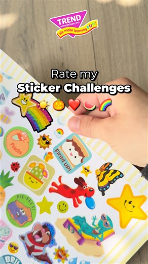 RATE MY STICKER CHALLENGES! Comment the emoji and your rating for each sticker challenge. EMOJIS: ☀️  ❤️   RATING SCALE (worst to best): 1. Ripped Sticker, 2. Lost Its Stick, 3. Trade Binder Worthy, 4. Limited Edition Find, 5. Sticker Hall of Fame Don't forget! Our Sticker Sale is on now through 9/21. Save up to 25% on stickers and sticker albums. See offer details at: trendenterprises.com/collections/stickers | TREND enterprises, Inc. | Facebook