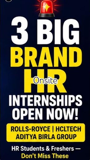 🚨 3 BIG BRAND HR INTERNSHIPS OPEN NOW! | Rolls-Royce, HCLTech & Aditya Birla HR Internships 2026