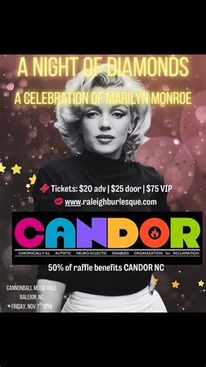 Raleigh Burlesque on Instagram: "✨💎 A Night of Diamonds 💎✨ What a sparkling success! Thank you to everyone who came out to celebrate Marilyn Monroe’s 99th birthday with us at Cannonball Music Hall. The room was dripping in Old Hollywood glamour, dazzling performances, and so much love for the burlesque community. Our cast of diamonds absolutely shined: 💋 Rachel Riot 💋 Mantra 💋 Purrrl Van Dammit 💋 Franny Starlight 💋 Dahlia Vee 💋 Miss Candice 💋 Ephemera 💋 Honey White 💋 Brittany Jean 💋 