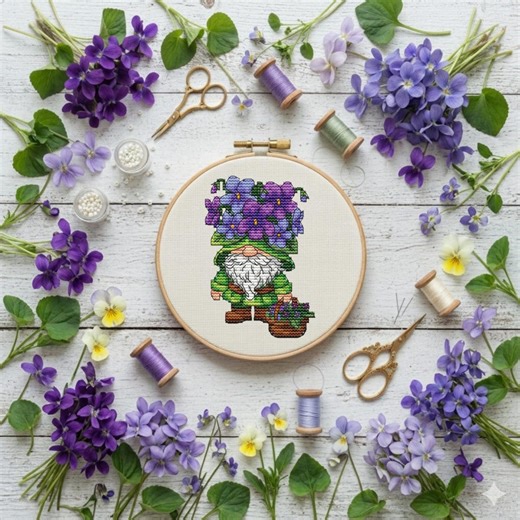 Violet Gnome Cross Stitch Pattern: Spring Flower Embroidery Design (PDF Download) - Etsy