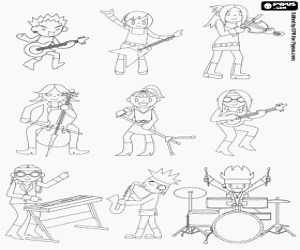 The rock band and the instruments coloring page printable game