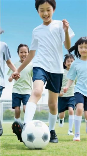 青空の下でサッカーを楽しむ子どもたち｜学校・スポーツ・チームワーク イメージ動画素材（縦動画）