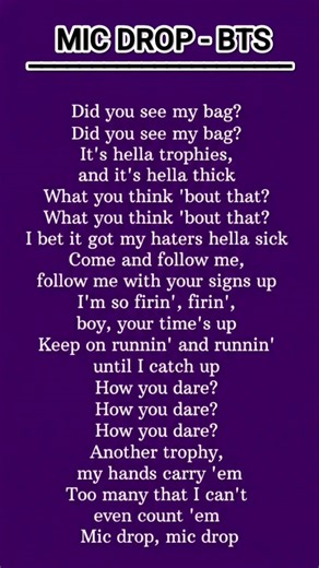 BTS- MIC DROP SONG LYRICS 💜💜🔥🔥🔥#bangtansonyeondan방탄소년단 #kpop #bts #btsarmy 💜💜💜💜