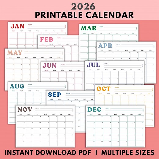 2026 Monthly Calendar Planner | Colorful Horizontal Notes (digital Download) - Etsy
