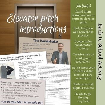 First Day of School Icebreaker - Student Introductions - Elevator Pitch Activity