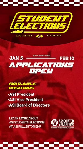 Associated Students Inc., CSUF on Instagram: "🏁 Last Call to Apply, Titans. ASI Student Government Election applications close tomorrow, February 10 at 5 PM for the 2026–2027 academic year! Available positions include: • ASI President • ASI Vice President • ASI Board of Directors Eligibility requirements: ✅️ Must have completed at least one semester at Cal State Fullerton ✅️ Must maintain a minimum 2.0 semester GPA This is your chance to help decide how student fees are spent, advocate for stud