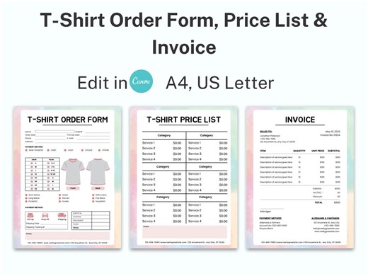 Editable T Shirt Order Form, T Shirt Invoice Template, Craft Business Form, T Shirt Price List, Purchase Order Form, Tshirt Order Sheet, PDF - Etsy