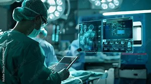 Digital healthcare technology in a surgical room, doctor working with a tablet and hologram virtual screen showing system analysis and medical reports.